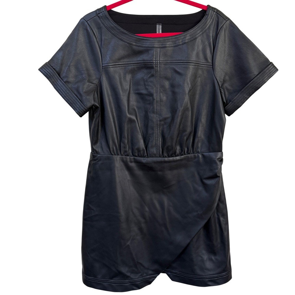 Anthropologie Faux Leather Mini Dress Black UK18‎ US14 Moto Edgy Cutout Back